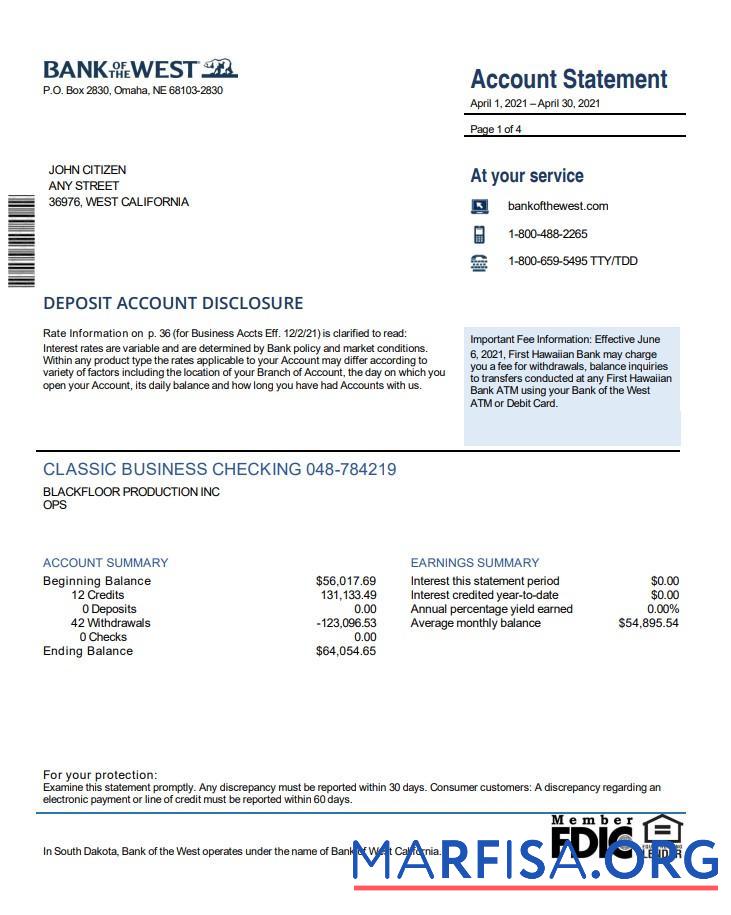 Downloadable USA Bank of the West bank statement word real example